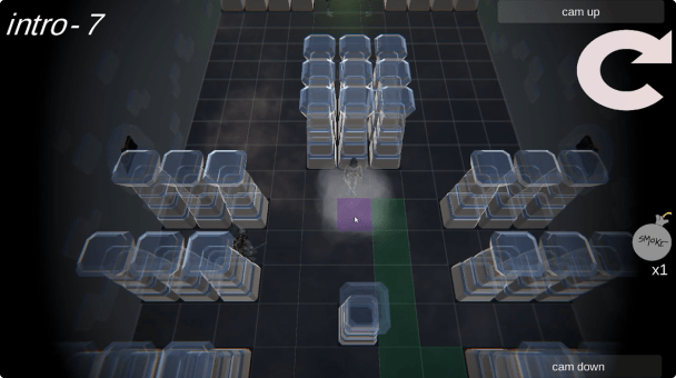 Screenshot waar je van bovenaf in een donkere kamer kijkt met 6 blokken van transparante pilaren en de ninja in het midden